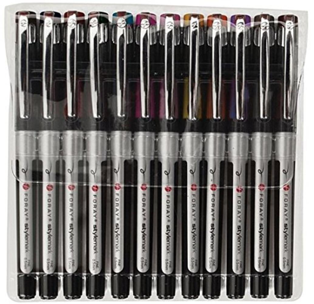INK Pack of 12 FORAY Porous Point Pens Fine 0.5 mm Silver Barrels BLACK