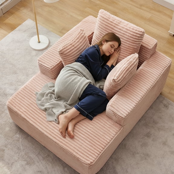 Boneless Chaise Lounge Sofa, 54" Oversized Cloud Couch Chair with 38" Deep Seat, Plush Corduroy Reading Chair for Living Room, Bedroom, Reading Nook, Apartment, Gaming Room & Movie Nights, Pink