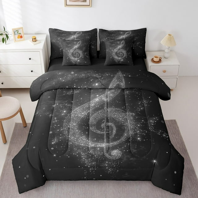 Musical Note Bed Set in a Bag 7 Pcs,Chic Gliver Sequins Starry Glitter Print (Not Real) Bedding Set,Romantic Music Theme Fashion Comforter with Fitted,Flat Sheet,Pillowcase,Pillow Covers,Twin