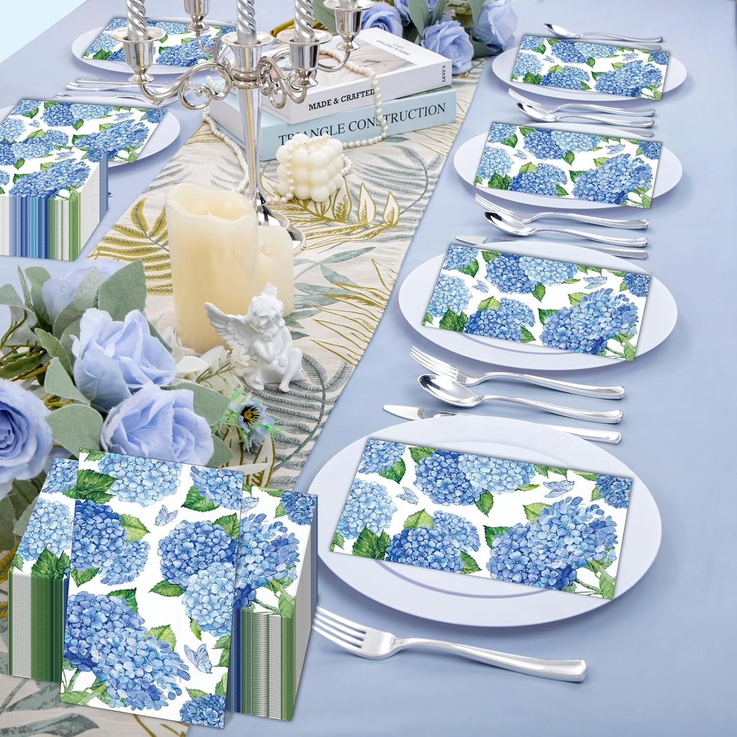 100 PCS Hydrangea Paper Napkins, Blue Hydrangea Floral Paper Napkins 3-Ply Disposable Hand Towels for Home Dinner Party Guest Napkin Wedding Spring Summer Fall Flowers Party Decorations