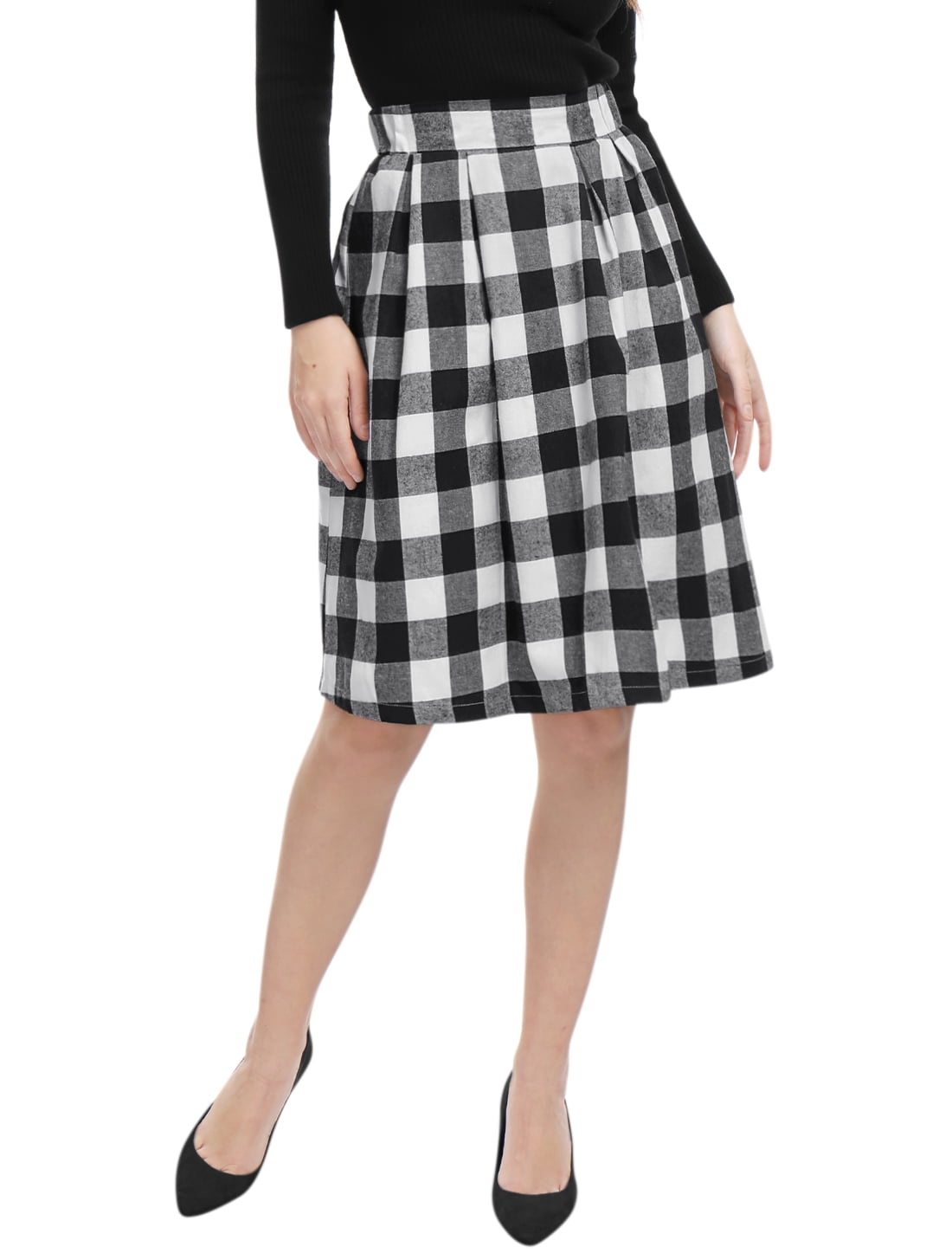 Women Inverted Pleats Aline Check Print Knee Length Skirt Black /XL