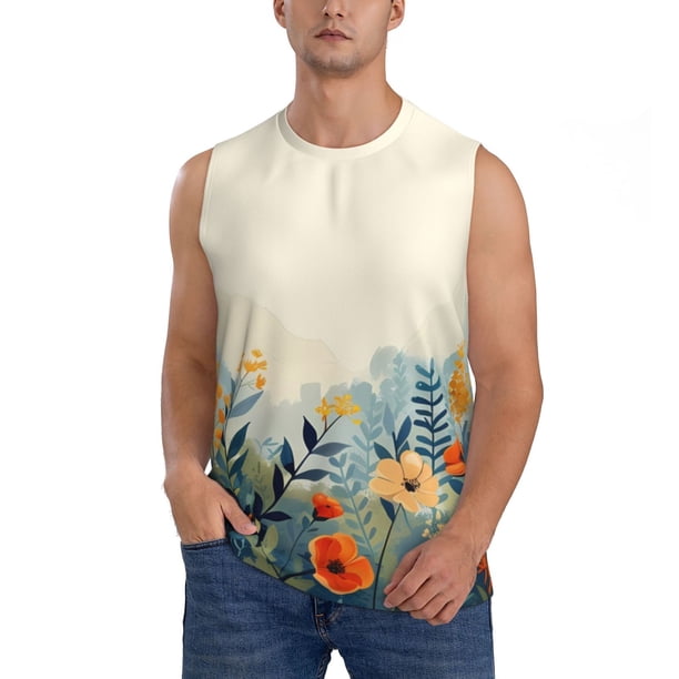 Fotbe Floral Mountain Landscape Men's Camiseta sin Mangas Estampada para Hombres, Playera Casual para Gimnasio, Entrenamiento, Playa-Small