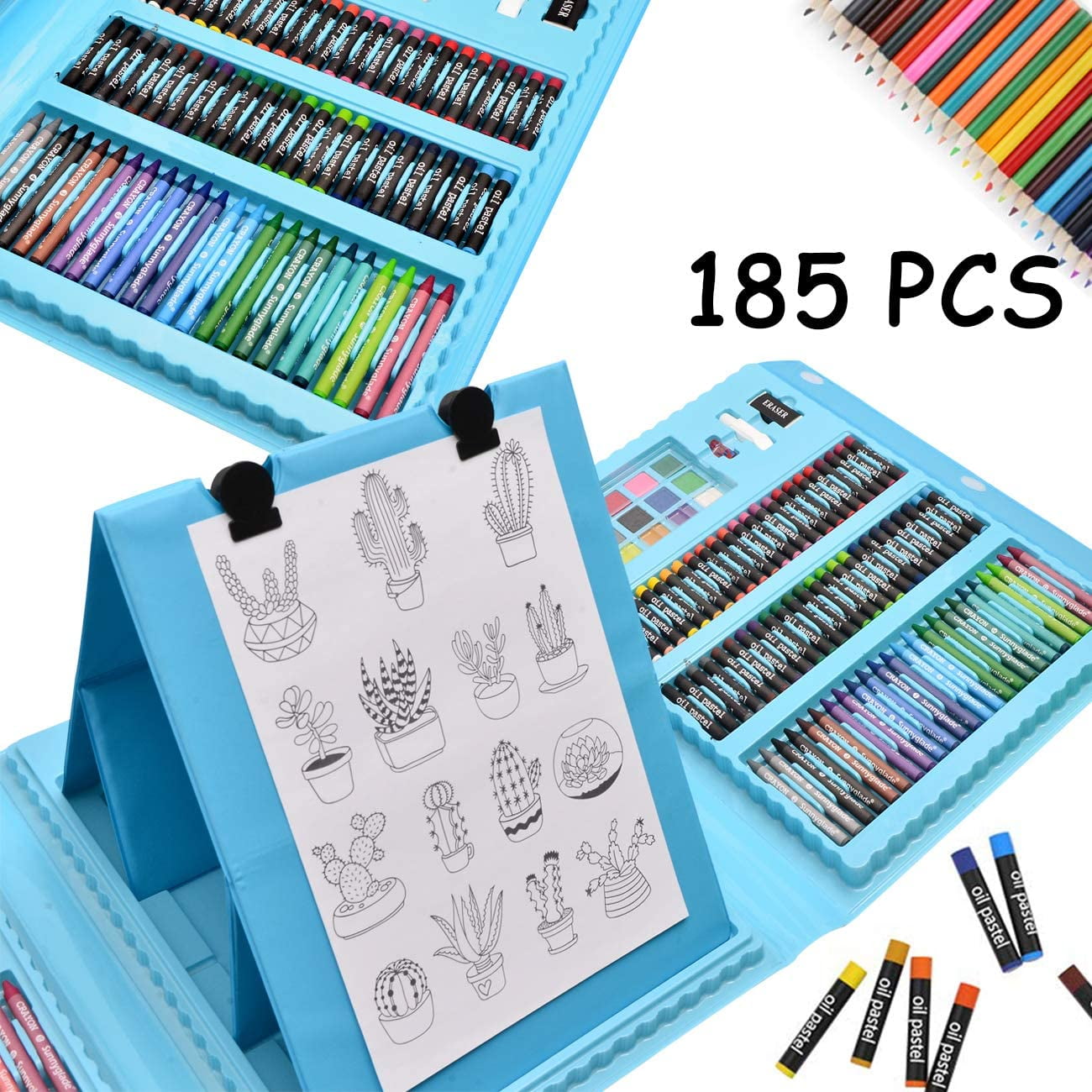 Bibana 185 Pieces Drawing Art Set，Double Sided Trifold Easel Art Box with Oil Pastels, Crayons, Colored Pencils, Markers, Paint Brush, Watercolor Cakes, Sketch Pad (Blue Art Supplies)