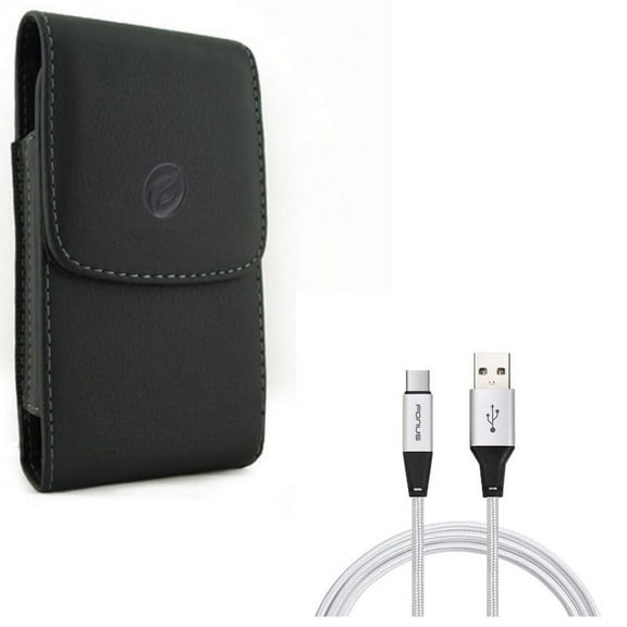 Holster Leather Case Belt Clip w Charger Cord Type-C 6ft USB Cable J6D for Acer Liquid Jade Primo - ASUS ZenFone AR 4 Pro - Blackberry Motion - BLU Vivo XI Plus - Google Pixel 3a XL 3 XL 2 XL