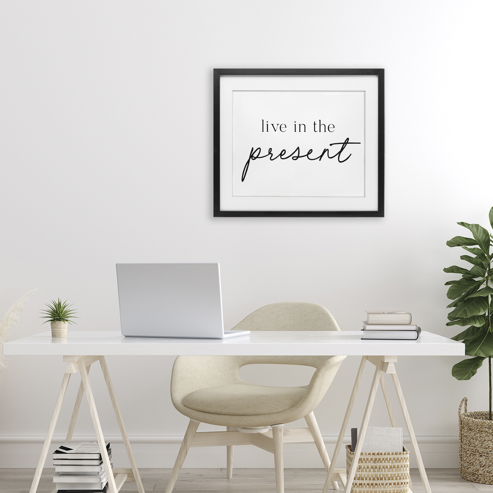 Live In The Present Black Framed Print Under Glass, design by Lettered and Lined