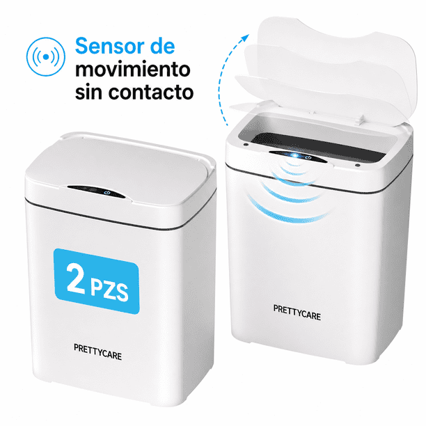2 PZS Bote De Basura Inteligente Sensor 14L De Baño PrettyCare GC01 Blanco