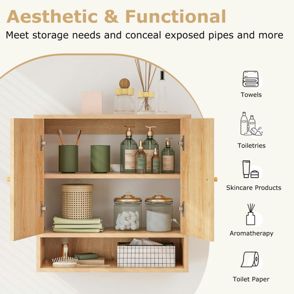 Finihen Wall Cabinet, Wall Mounted Cabinet, Medicine Cabinet, Medicine Cabinet with 2 Rattan Doors for Laundry Room Kitchen Entryway Bathroom, Natural