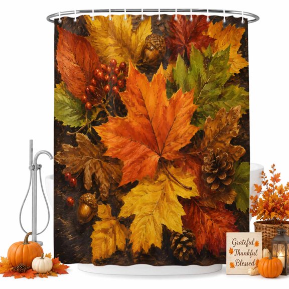 Thanksgiving Shower Curtain, Waterproof Shower Curtains for Bathroom, Fall Orange Green Yellow Maple Leaves Berry Washable Fabric Bathtub Curtain Set Bath Decor with 12 Hooks Long 72"x84"