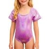 HUAXUN-Girls Latin Gymnastics Leotard - Sparkling Sequin Short Sleeve Unitard Performance Training Costume for Kids Stretch Fabric for Competition Stage Shows and Daily Practice(Red 150）