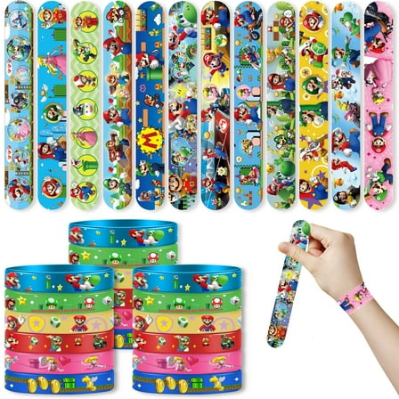 48Pcs Mario Party Set -24 Slap Bracelets and 24 Wristbands, Mario Themed Birthday Supplies, Baby Shower Gifts, Classroom Rewards, and Children's Party Decorations