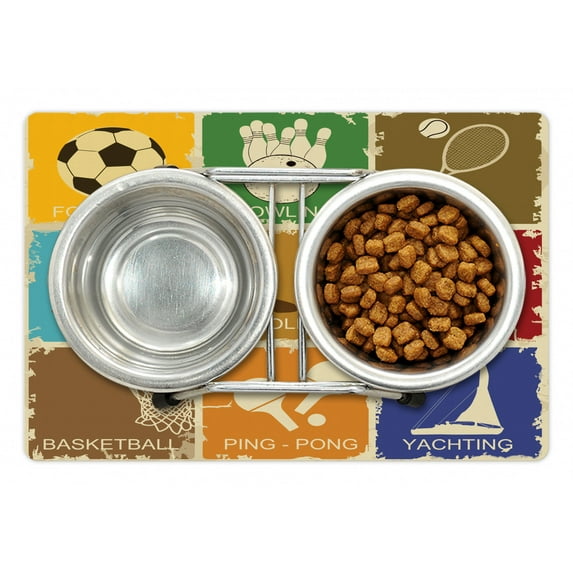 Sports Pet Mat for Food and Water, Vintage Various Sports Elements Golf Bowling Baseball Tenniss in Flat Design, Non-Slip Rubber Mat for Dogs and Cats, 18" X 12", by Ambesonne