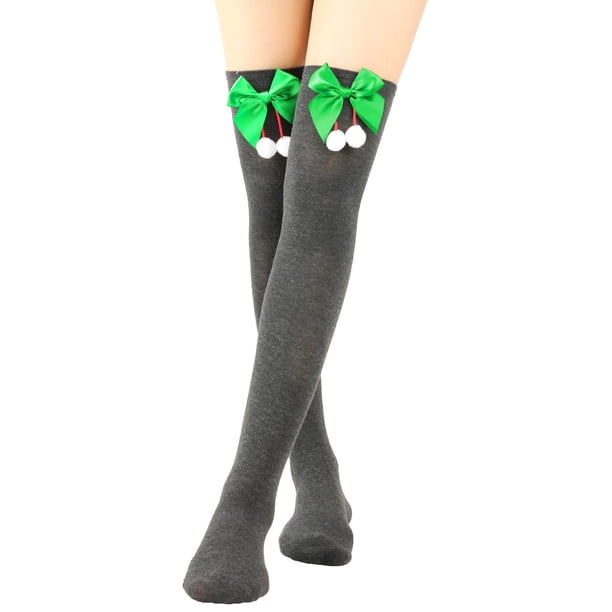 Calcetines largos hasta la rodilla para mujer, lisos, con lazo navideño y bola, cálidos, para mujer
