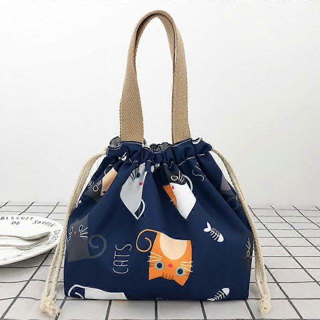 Mini bolsa de almuerzo reutilizable, pequeña y bonita, con cordón, ideal para niñas y mujeres, con diseño de gato azul.