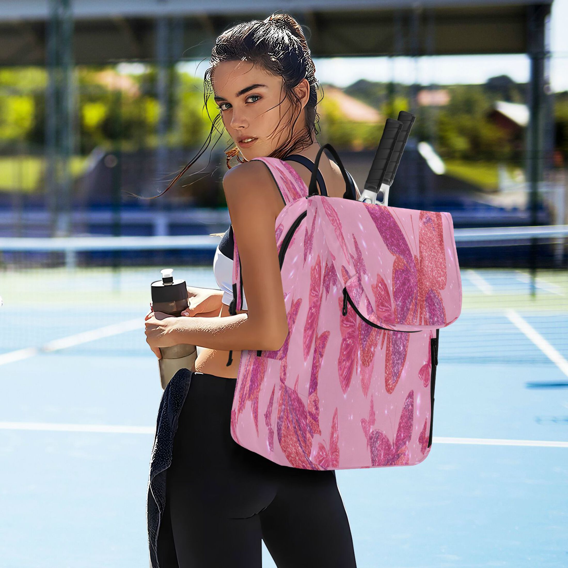 2 Racquet Holder Tennis Backpack Tennis Racket Covers Gym Bags Glittering Sequin Butterfly