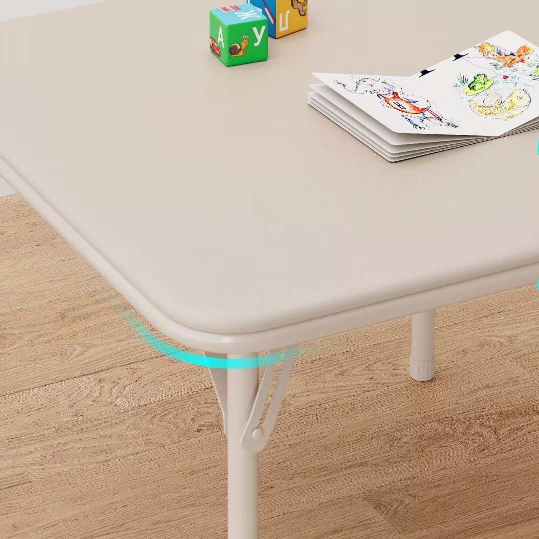 Kids Folding Table and Chairs Set of 3, Portable Table and Chair with PU Cushion, Suitable for Reading Playing Eating, Beige