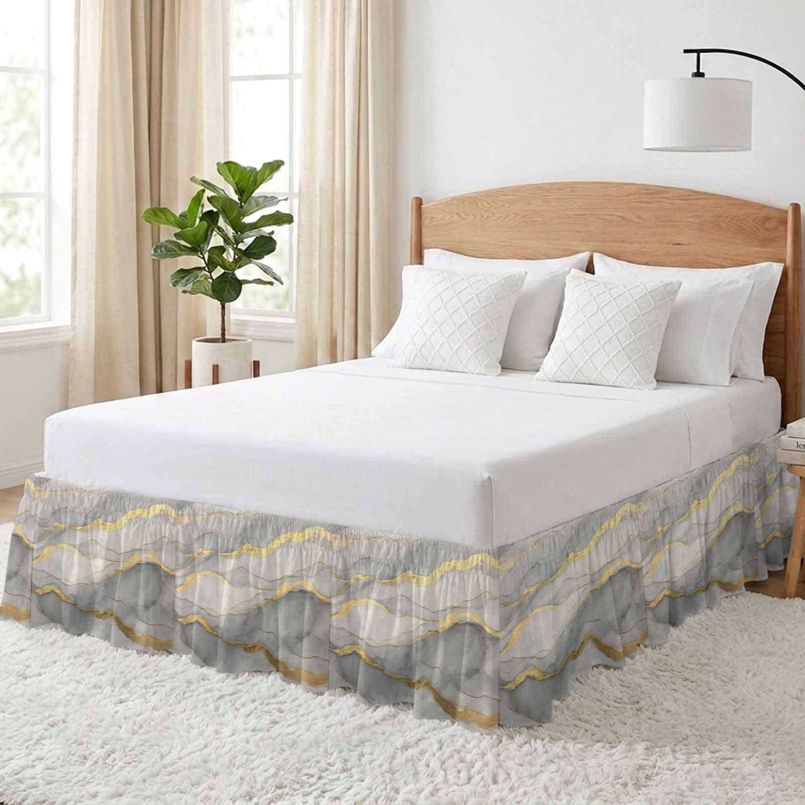 Marble Grey Bed Skirt Queen Size, Modern Gold Luxury Neutral Texture Wrap Around Bed Skirting with Adjustable Elastic Strap, Dust Ruffle Pleated Bedskirts 16 Inch Drop for Bedroom Queen Beds