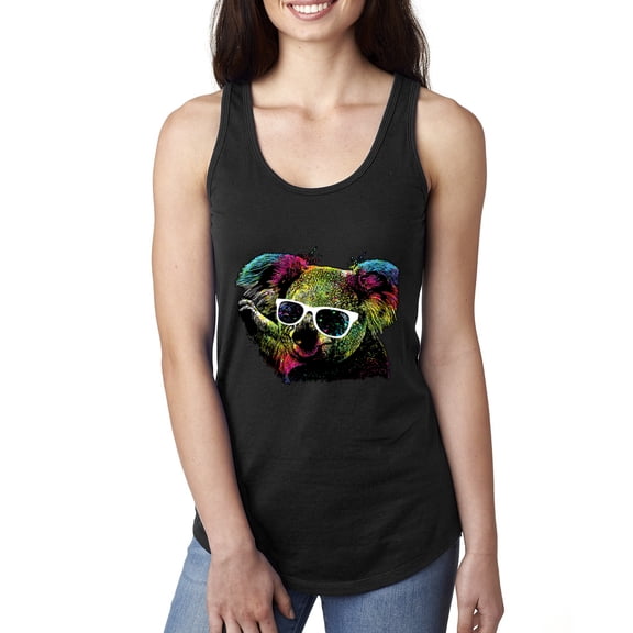 Neon Technicolor Trippy Party Rainbow Koala | Womens Animal Lover Jersey Racerback Tank Top, Black, Small