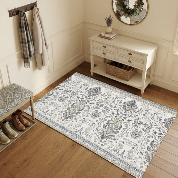 Area Rugs 3'x5', Ethnic Floral Carpet Runner Indoor Outdoor Rugs Home Decor Aesthetic, Vintage Grey Country Leaves Symmetrical Non Slip Mats Washable Accent Rug for Living Room Bedroom