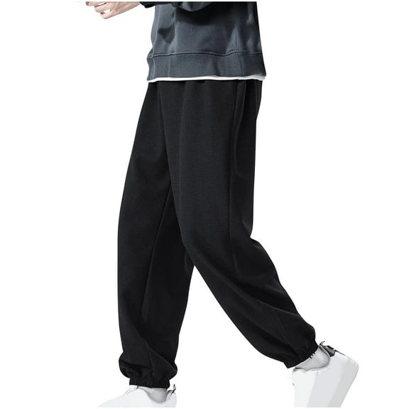 CHEEREAM Men's Waffle Sweatpants Stretch Waist Drawstring Casual Tapered Joggers Gym Pants with Pockets Black L