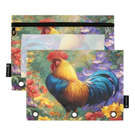 2 Pack 3 Ring Binder Pouch with Clear PVC Window Water Resistant Zipper Pencil Pouch A Beautiful Rooster Binder Pocket for Classroom Office Home Stationery Organization