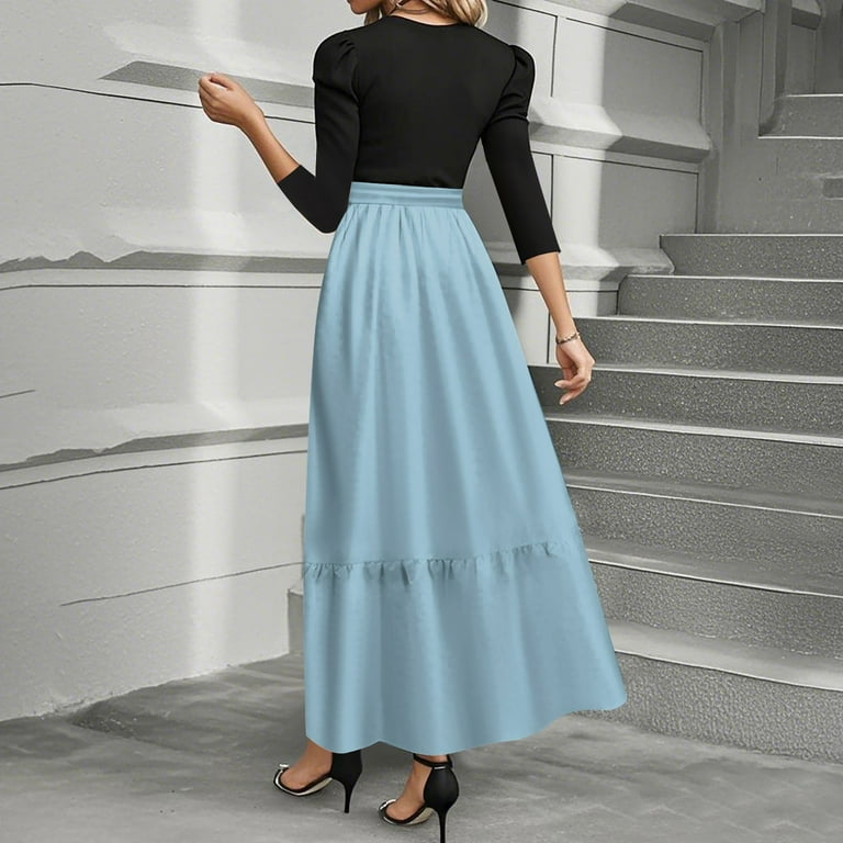 UOCEFIK Long Floral Dresses for Women 2025 Elegant Boho Tie Belted Patchwork Empire Waist 3/4 Sleeve Modest Flowy Maxi Dress 2025 Light Blue XXL