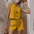 thumbnail image 5 of Womens Summer 2 Piece Linen Sets Sleeveless Button Crew Neck Vest Tops Matching Shorts Set Travel Vacation Casual Outfits,Yellow,M, 5 of 6