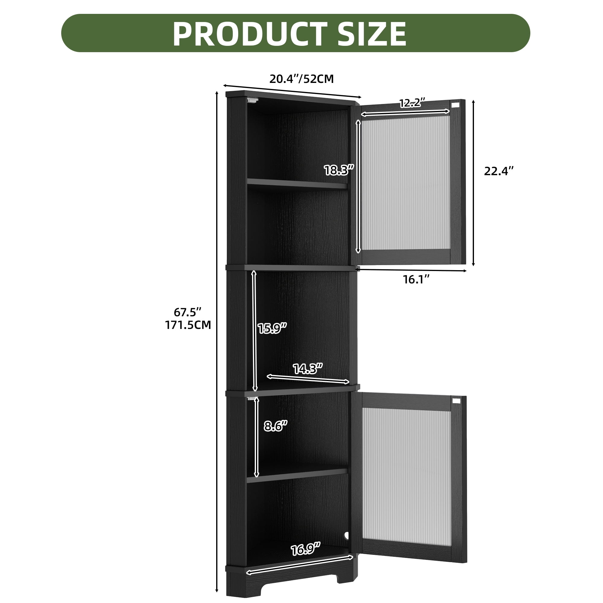 Uforic 67"Tall Corner Storage Cabinet with Door & LED Light, 5 Tier Corner Bookcase Cabinet, Black
