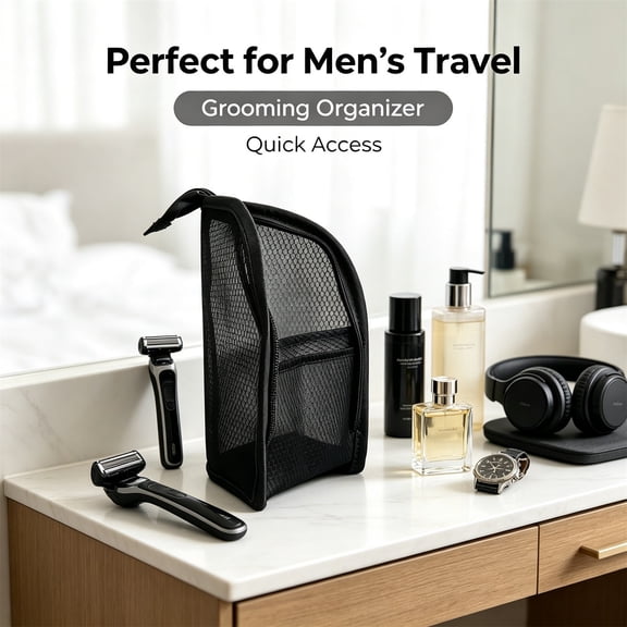 Standing Toiletry Bag, Mesh Zipper Toiletry Bag, 9.06 in Upright Organizer with Visible Mesh Panels for Travel, Black, bldnkj