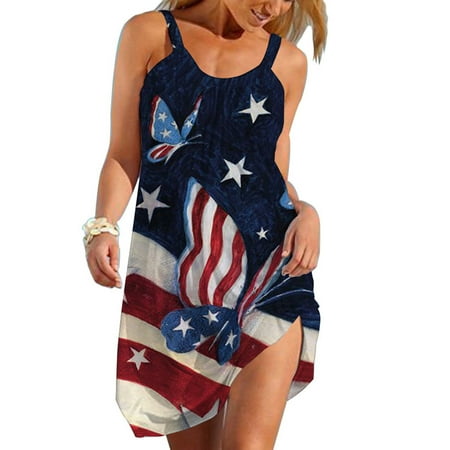 

Hvyesh 4th of July Dresses for Women Casual Summer Midi Dress Loose Fit Print Crewneck Sundresses Breathable Spaghetti Strap Sleeveless Trendy Dresses 2023 Black