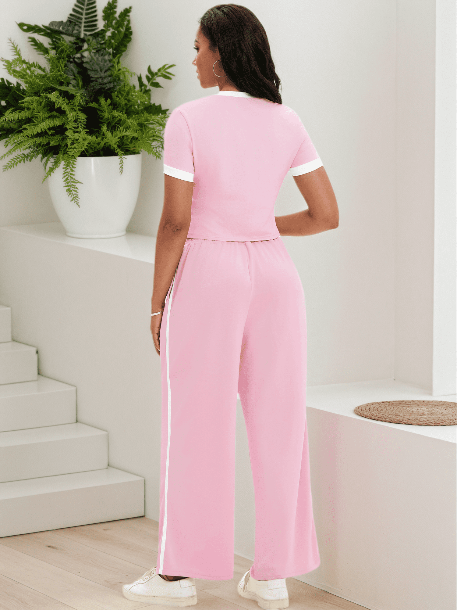 DARING DIVA Women 2 Pieces Set Crop Tops Wide Leg Pants Fall Outfits L Pink