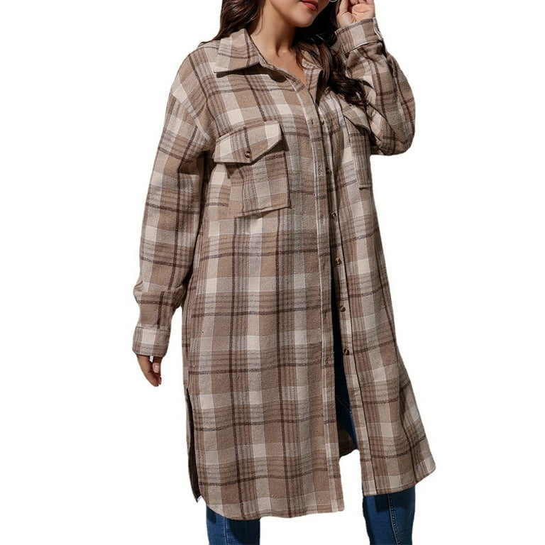 ALSLIAO Plus Size Women Casual Long-sleeved Plaid Print Mid-length