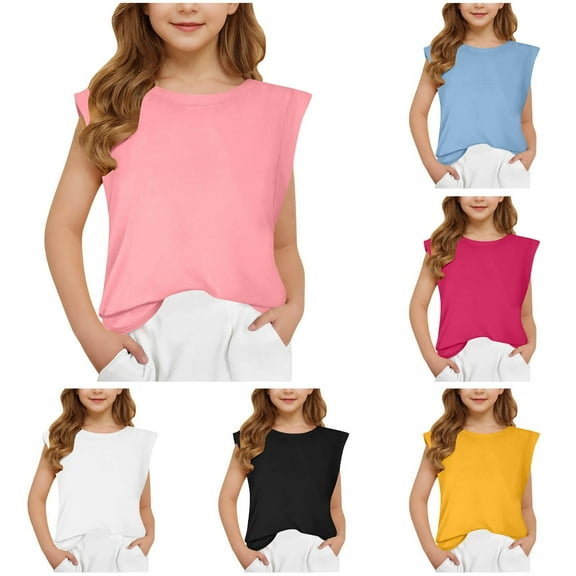 MKOSPLRT Girls Short Sleeve T Shirts Kids Summer Tops Sleeveless Crew Neck Lounge Tees Solid Color Comfy Tanks Loose Fit Tshirts 5-13Y