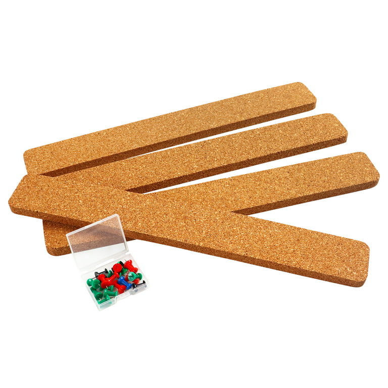 4 Pack Cork Strips Cork Board Bulletin Bar Strip 15 x 2 - 1/2 Thick, Natural Cork Frameless with Strong Self-Adhesive Backing & 20 Push Pins