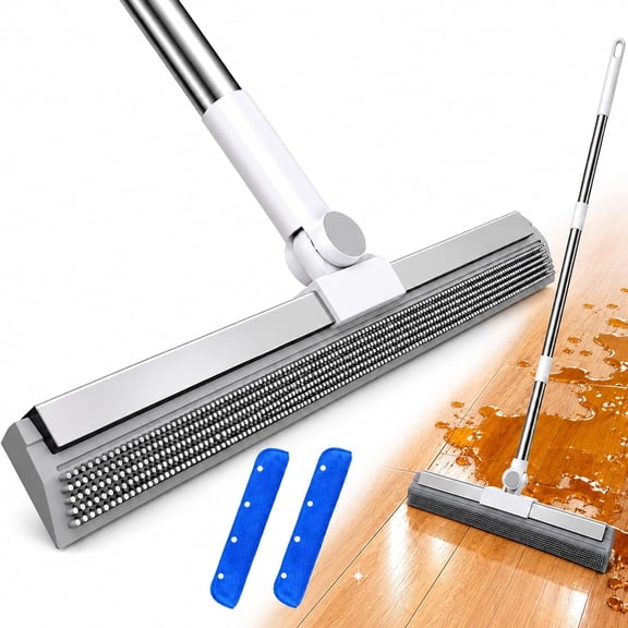 3-in-1 Magic Broom & Floor Squeegee,Flexible 180° Rotating Head Includes 2 Microfiber Mop Pads Works on Tile Carpet Windows Sweeps Hair & Dust Messes Water Foam