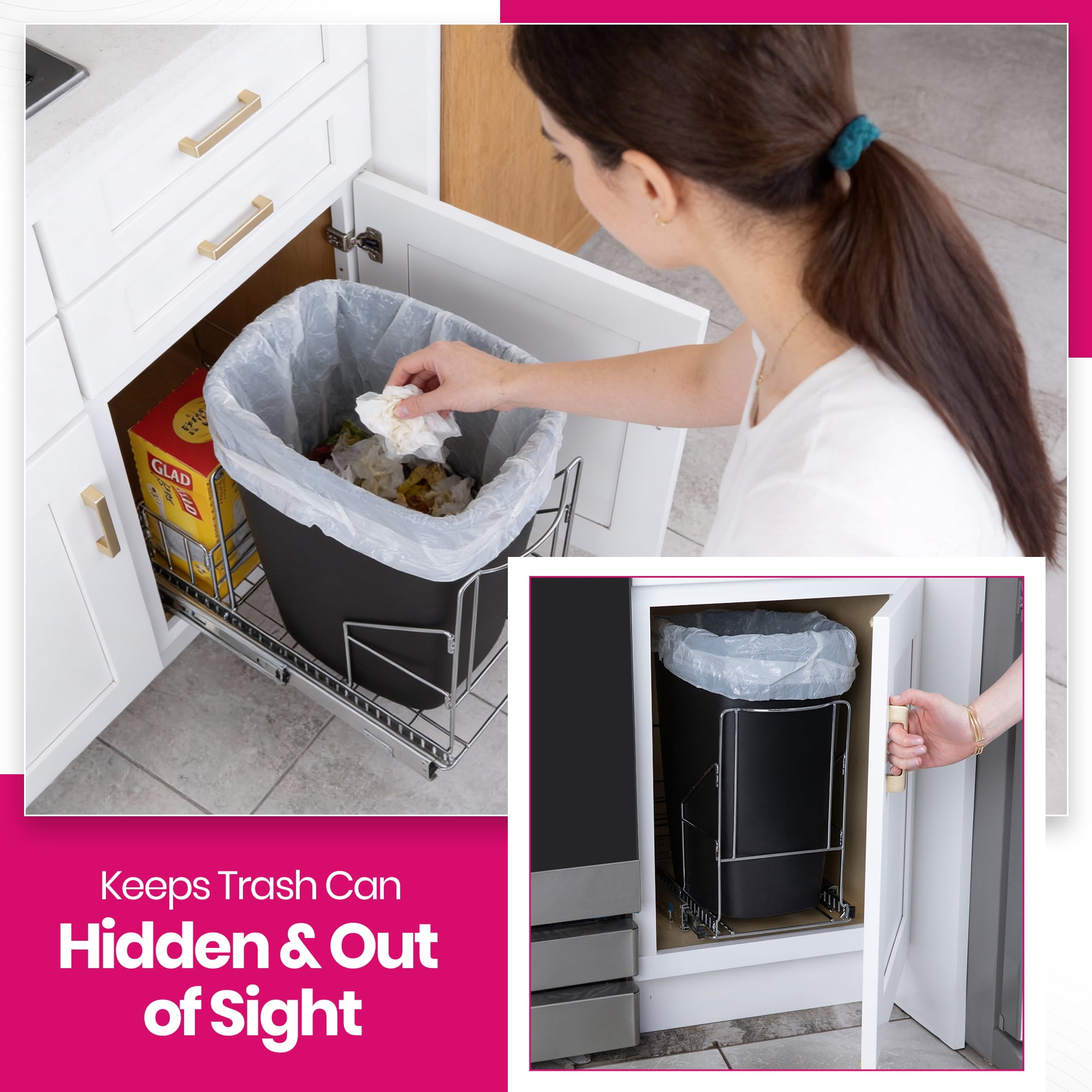 Pull Out Trash Can Under Cabinet - Adjustable, Heavy Duty, Anti Rust Chrome Finish -  Trash Can Not Included - Dedicated Space for Disposable Trash Bags, Requires a 11” Cabinet Opening,