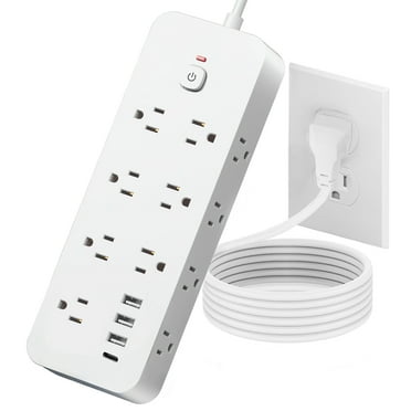 Power Strip Surge Protector, Meromore Flat Plug Extension Cord 10FT with 13 Outlets 4 USB Charger, 1875J Protection Multiple Outlets Charging Station for Home, Office, College Dorm Room White
