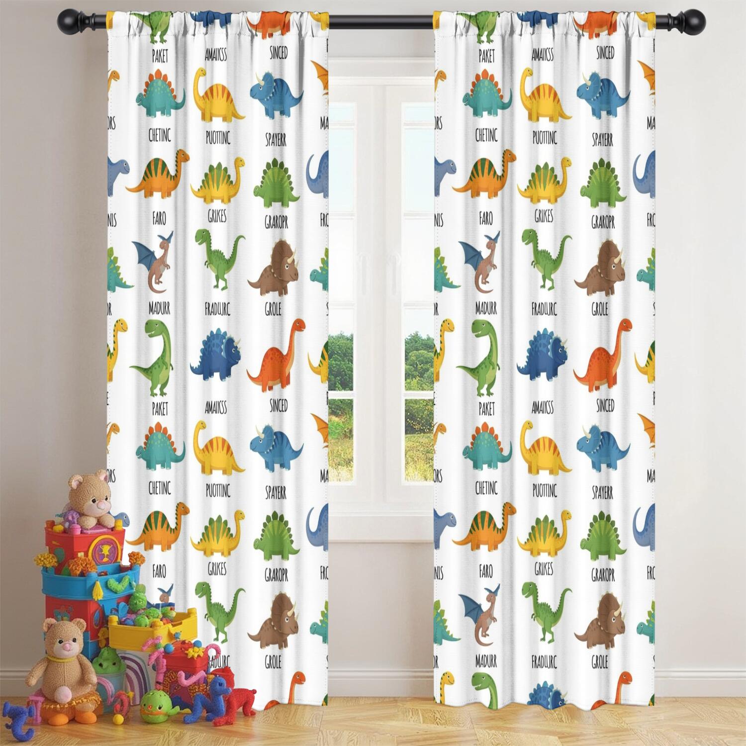 Blackout Kids Curtains,White Dinosaurs Random Words Childrens Insulated Curtains Set Of 2,Bedroom Essentials,Toddler Room Decor 42"x84"