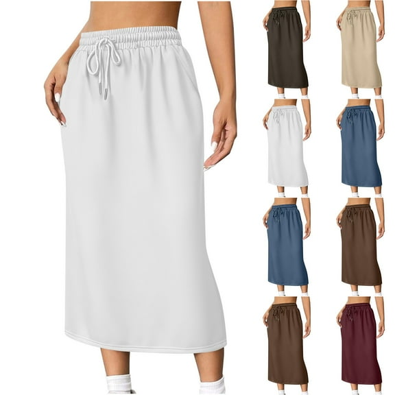 NSLGXD Women's High Waisted Drawstring Midi Skirts Casual Cotton-Blend Sweat Skirt with Pockets & Back Slit Loose Fit Lounge Skirt for Daily Wear S-2XL