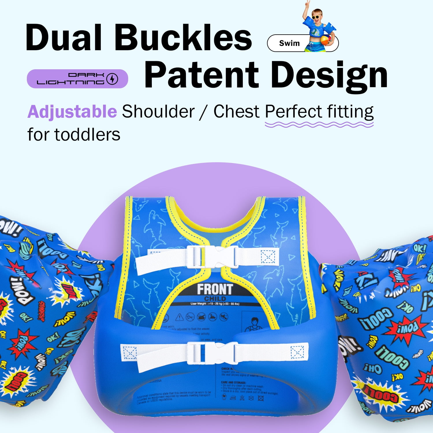 US Coast Guard (USCG) Approved Life Jacket for Kids, Toddler Swim Vest with Arm Floats for Pool,Shark