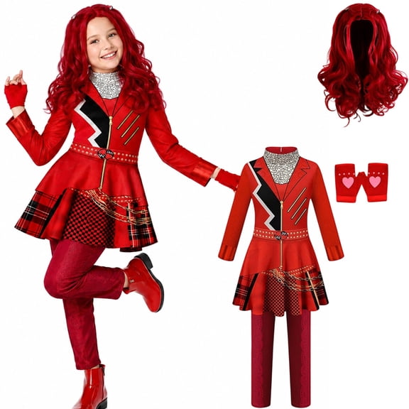 Royal Red Princess Dress Outfit for Girls - 3 Pieces: Red Dress, Gloves, and Wig - Perfect for Wonderland Themed Birthdays, Halloween Costume Parties, Christmas Celebrations, and Dress-Up Playdates