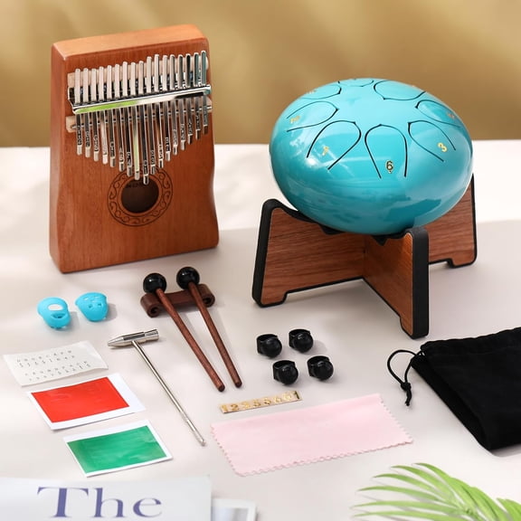 Musical Instruments Set Rain Drum for Outside with Stand Thumb Piano 8 Notes 6 Inches Steel Drum 17 Keys Kalimba Finger Piano for Adult Beginners Nurse Graduation Gift(Moss Blue)