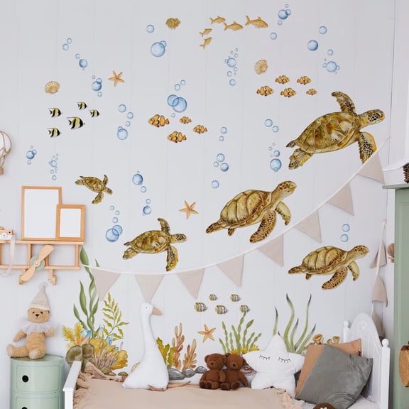 Sea Animals Wall Stickers Golden Turtle wall decal Seaweed Decals Baby Boys Bedroom Fish Peel and Stick Living Kids Nursery Ocean playroom Removable Room Seaweed Under Watercolor