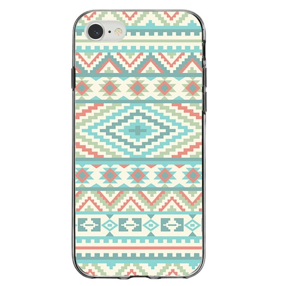 DistinctInk Clear Shockproof Hybrid Case for iPhone 7 8 SE (2020 Model) 4.7" Screen TPU Bumper Acrylic Back Tempered Glass Screen Protector - Blue Orange White Tribal Print