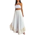 thumbnail image 2 of Women Ruffle Trim High Waisted Tassel Hem Flowy Pleated Boho Modest Wide Leg Pants White M, 2 of 7