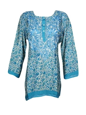 Mogul Women Sky Blue Paisley Tunic Top Floral Embroidered Button Front Blouse XL