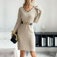 thumbnail image 2 of Quinlirra Sweater Dress for Women Midi Women Fashion Mid-Length Solid Color V-neck Lace Stitching Pullover Sweater Loose Sweater Dress Khaki M, 2 of 5