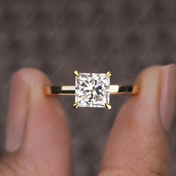 Cora Jewellery 2CT Princess Moissanite Bridge Diamond Hidden Halo Engagement Ring For Women, 18K Yellow Gold