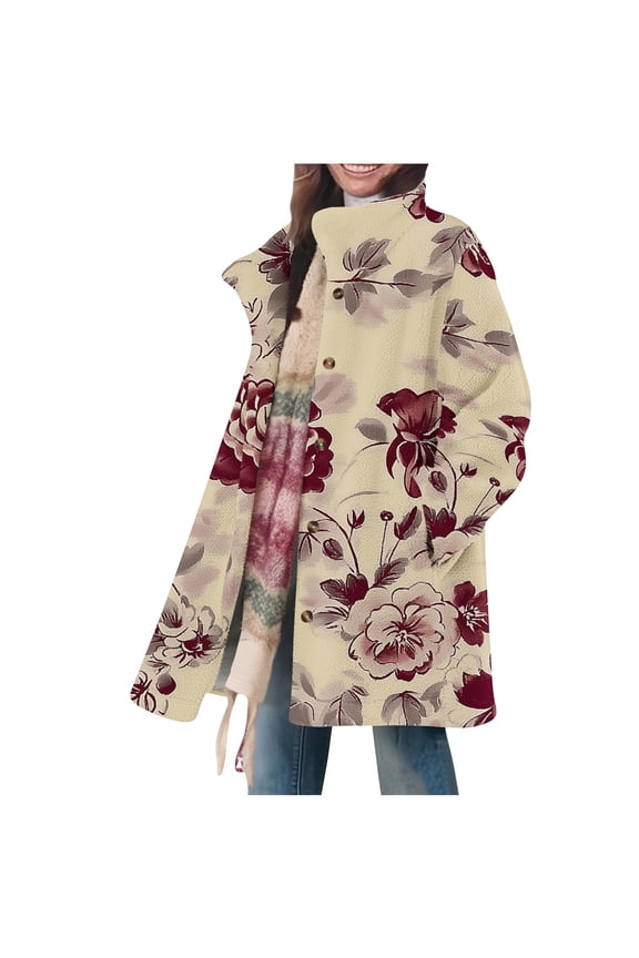Boho Cardigans for Women Ethnic Style Printed Long Sleeve Button Down Lapel Casual Overcoat with Pockets Khaki L