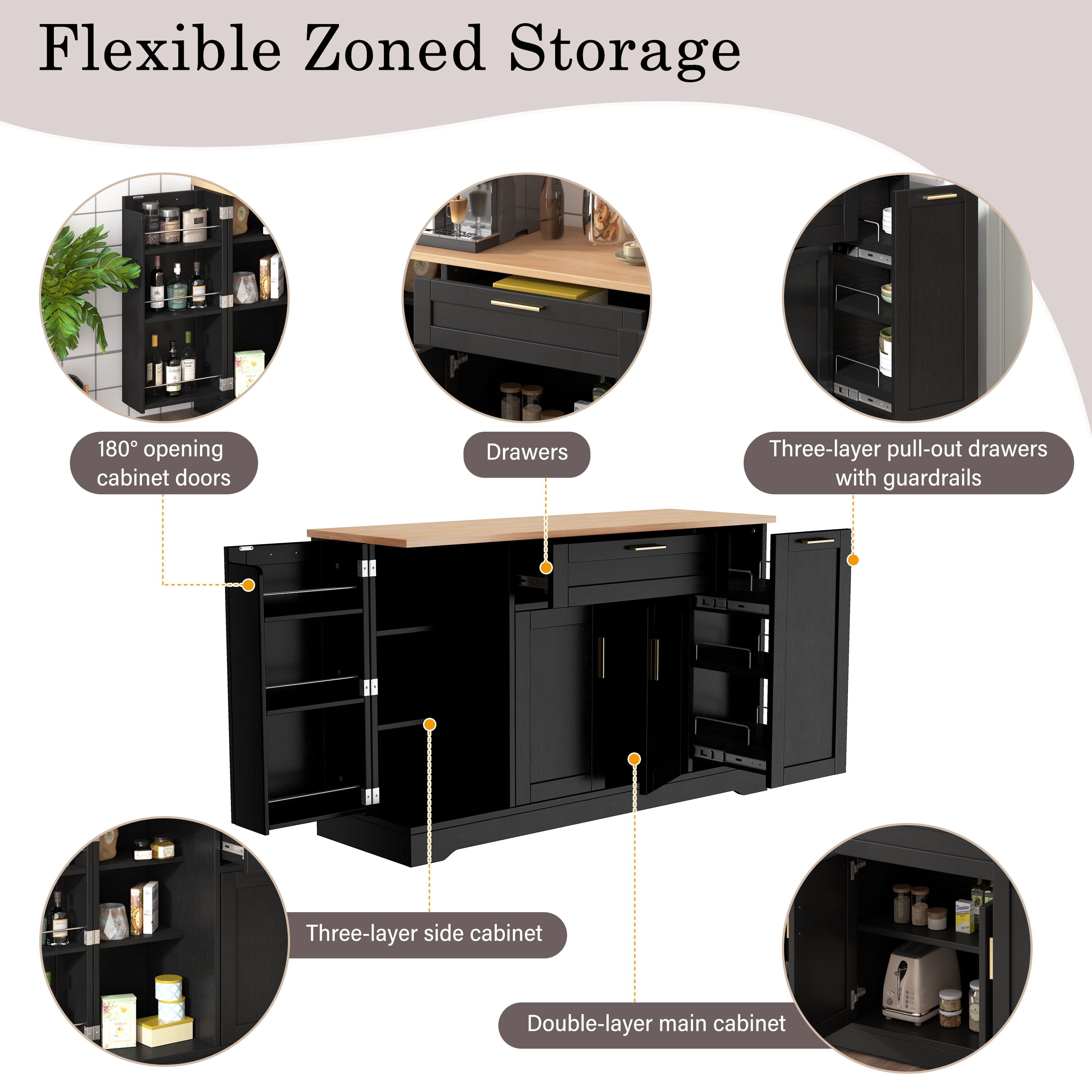 Euroco Multi-Functional Sideboard Buffet Cabinet with Storage,53.7" Extendable Dining Table with Adjustable Shelves,Drawers & 3-Tier Pull-Out Rack,Wooden Coffee Bar Cabinet for Kitchen Living Room
