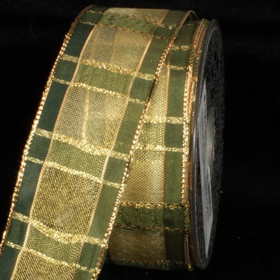 The Ribbon People Hunter Green and Gold Squares Woven Wired Craft Ribbon 1.5" x 27 Yards